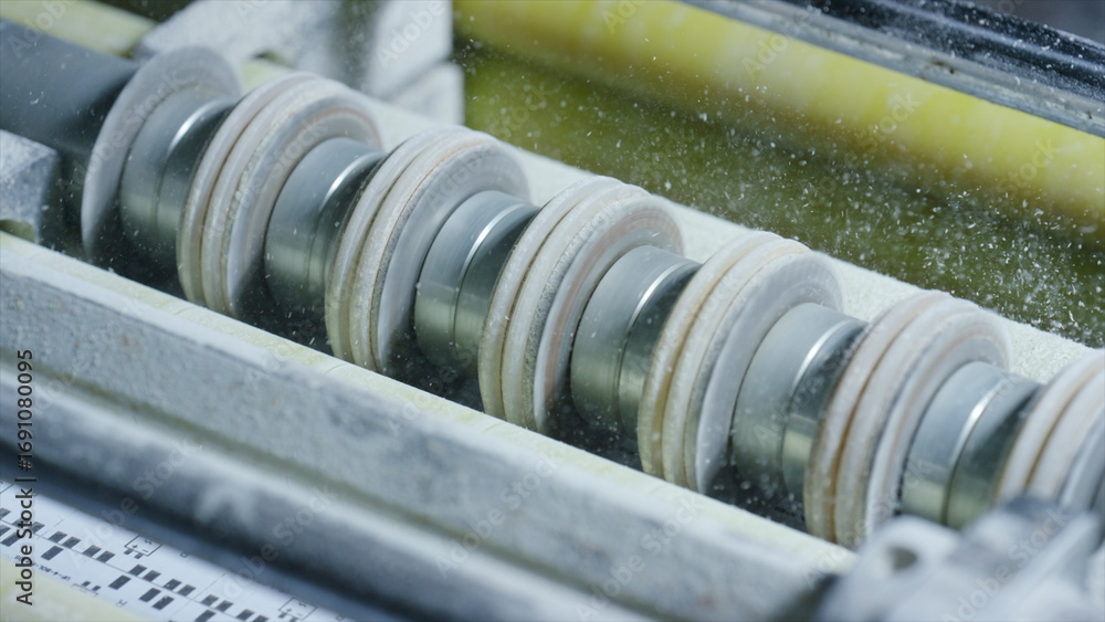 Poster rotating industrial rollers creating dust during the manufacturing process, highlighting the dynamic