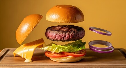 Exploded view of a delicious hamburger on wood board