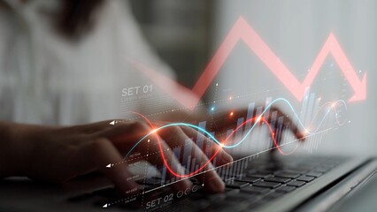 Economic caution visualized with fluctuating market graph, alert symbols, and negative data trends....