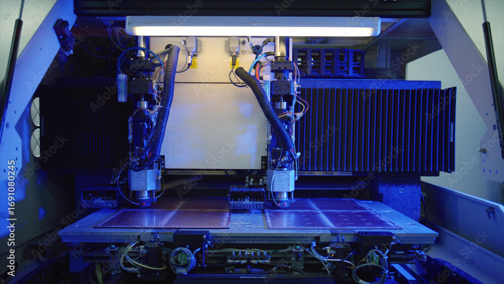 Poster automated laser cutting machine precisely cutting material in modern factory, showcasing advanced ma