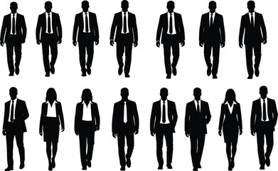 Business Silhouettes of Men and Women Walking and Standing in Formal Attire, Ideal for Corporate, Diversity, and Office Concept Themes