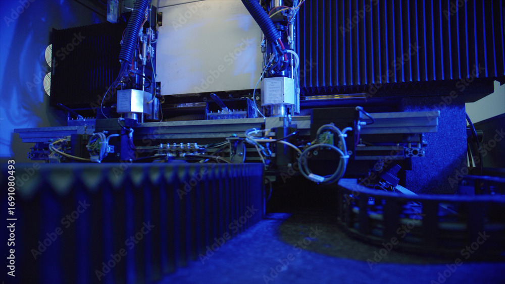 Poster complex machinery with robotic arms, wires, and other components working together in a factory setti