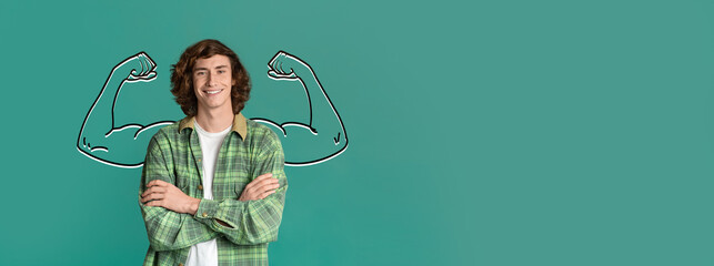 A confident young man stands against a vibrant background, showcasing his biceps with a playful...