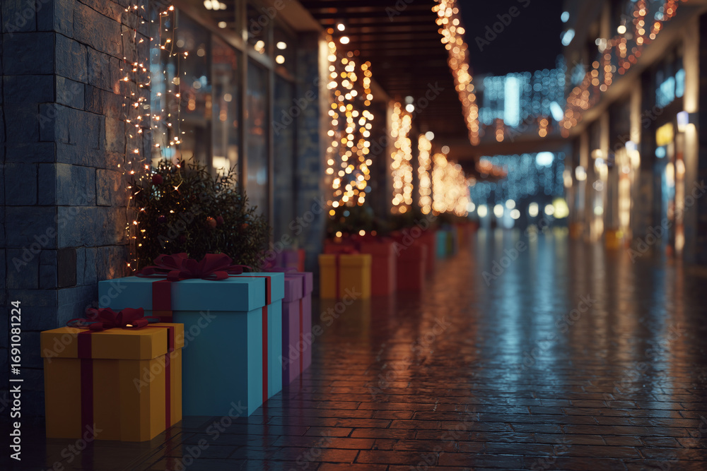 Poster a christmas display with a brick wall and a row of colorful boxes