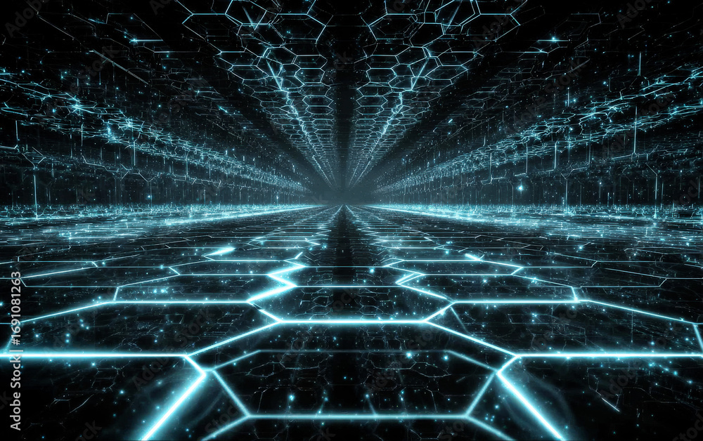 Poster futuristic digital tunnel with hexagonal patterns and glowing lines