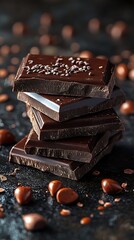 Rich dark chocolate squares stacked with cocoa nibs and roasted cacao beans for tempting treats