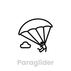 paraglider Vector icon vector art of a minimalist line drawing depicts a skydiver descending with a parachute, accompanied by a small cloud, , conveying a sense of adventure and freedom in the sky