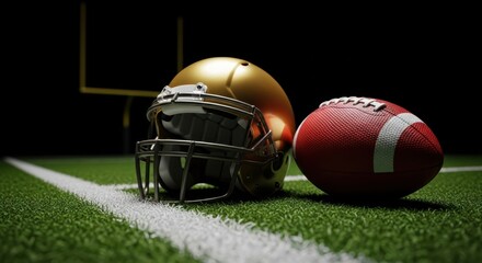 American football helmet and ball on field with goal post