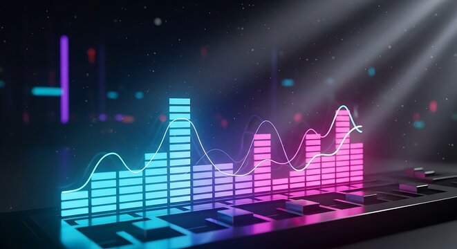 Vibrant neon audio waveform graphic displayed on a dark, futuristic sound console, showcasing a dynamic sound spectrum with glowing bars and lines.