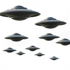 alien invasion story UFOs flying in formation against a clear sky, showcasing a science fiction theme.
