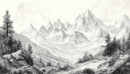 Beautiful Hand-Drawn Engraved Sketch Of Mountains Illustrated In Classic Style. Elegant And Detailed Artwork Perfect For Nature Lovers And Enthusiasts.