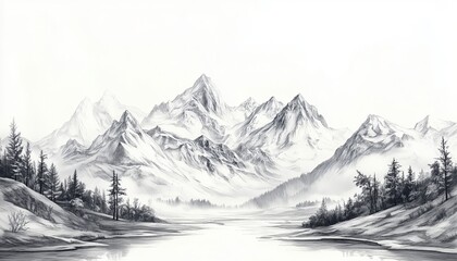Engraved Hand-Drawn Sketch Of Mountains - A Detailed And Artistic Illustration Of Mountain Range In Engraving Style. Perfect For Nature Lovers.