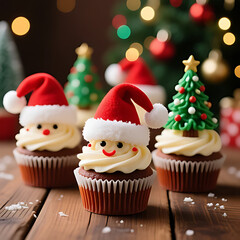 Christmas Cupcakes with Santa Hats and Christmas Tree &ndash; Festive Holiday Dessert on Wooden Table