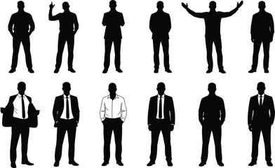 Businessmen Silhouettes in Suits with Varied Gestures and Postures, Ideal for Corporate, Fashion, Character Design, and Communication Themes