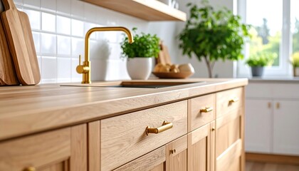 Light-filled kitchen with wooden cabinets and gold accents