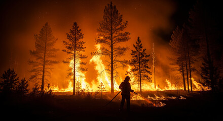 Fototapeta premium Firefighter Battling Forest Fire at Night, Courage Against the Inferno