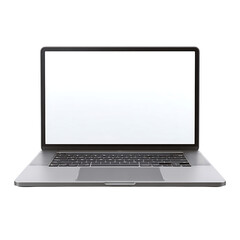 Modern open laptop displaying blank screen front view eye level shot isolated on black transparent background