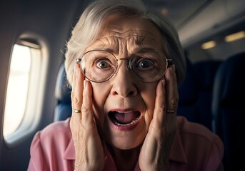 Wanita tua yang ketakutan bereaksi terhadap turbulensi parah selama pengalaman penerbangan pesawat yang menakutkan untuk iklan asuransi perjalanan