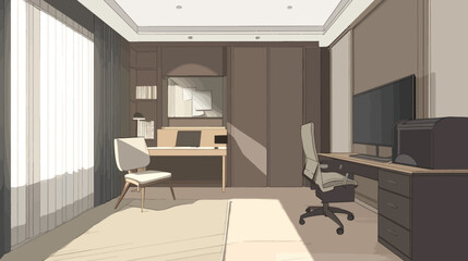 Modern home office interior with dual workstations and minimalist design. A tranquil and productive remote workspace concept with natural light