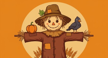 Friendly Scarecrow with Pumpkin and Bird
