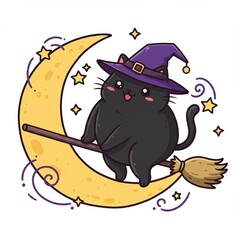 Kawaii Witch Cat on Crescent Moon