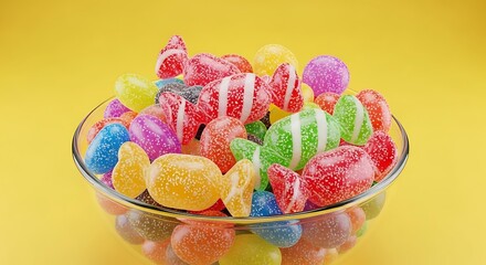 Bowl full of colorful candies on yellow background