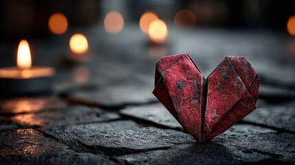 Origami red heart on black marble lit by candlelight