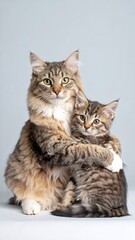Fototapeta premium Adorable Cat Duo: A Mother Cat and Kitten Embracing Each Other on a Light Background