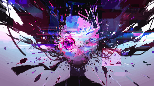 Abstract vector illustration of a digital character's mind exploding into a colorful data stream and technological fragments