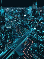 Aerial view of a futuristic smart city at night with glowing neon highways and towering skyscrapers, a digital vector of a metropolis