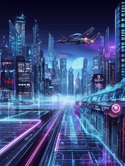 Digital vector art of a futuristic metropolis at night with glowing streets, a high-speed train, and a flying vehicle