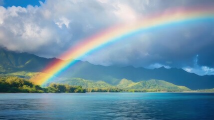 Landscape View of Rainbow over Island with Turquoise Ocean and Green Forest under Cloudy Sky