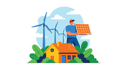 Flat illustration of a person holding a solar panel above a house with wind turbines in the background, symbolizing renewable energy, sustainability, and eco-friendly living for a greener future