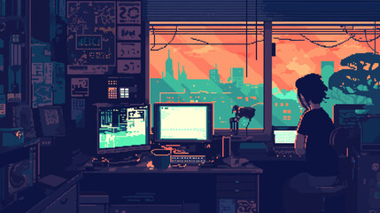 Serene pixel art scene of a person at a cluttered desk watching a city sunset, a cozy retro illustration for lo-fi and study aesthetics
