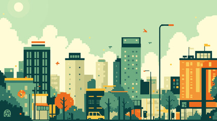 Modern city skyline with buildings and green trees, a flat design vector illustration with a beautiful soft pastel color palette
