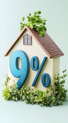Home interest rate concept with a house, greenery, and the percentage sign, ideal for real estate