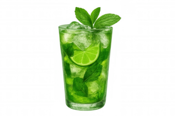 Refreshing green cocktail with lime, mint garnish, sparkling ice cubes against clean transparent backdrop