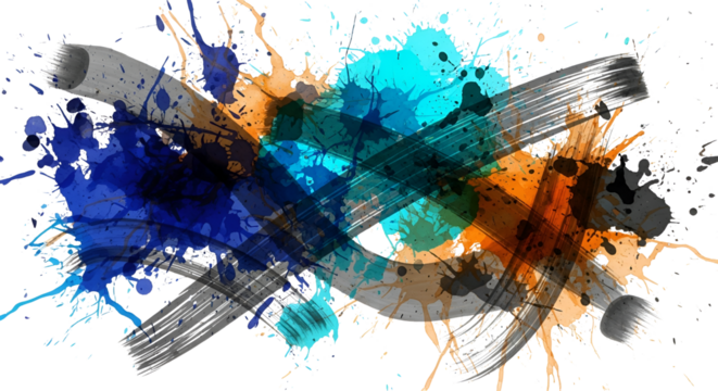 Abstract ink painting with colorful splashes and brushstrokes isolated PNG with Transparent Background