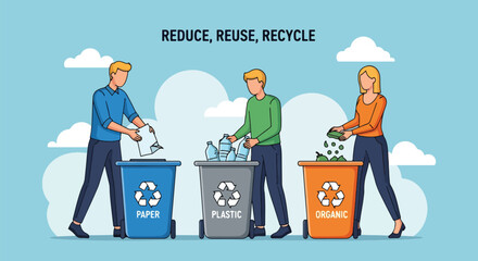 Flat illustration of people sorting paper, plastic, and organic waste into recycling bins under the slogan “Reduce, Reuse, Recycle,” symbolizing sustainability, eco awareness, and environmental