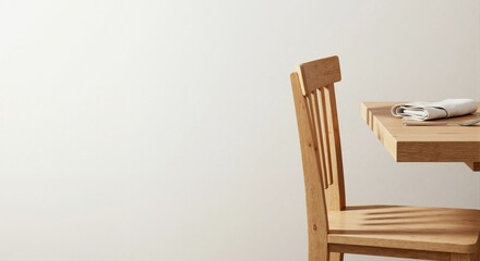 Minimalist wooden chair and dining table against a plain wall. Modern Scandinavian furniture and interior design concept. Simple dining scene with copy space for text.