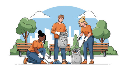 Flat illustration of people cleaning up litter in a city park with bags and tools, symbolizing community action, environmental care, and sustainability for a cleaner future
