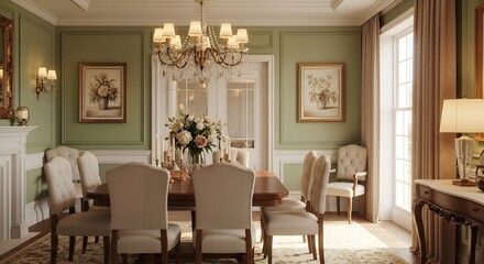 Elegant and Classic Dining Room with a Crystal Chandelier and Sage Green Walls.