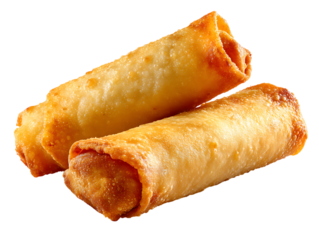 Two crispy golden brown egg rolls filling appetizer snack food delicious isolated close up transparent background