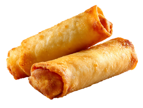 Two crispy golden brown egg rolls filling appetizer snack food delicious isolated close up transparent background