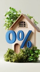 Zero percent interest home loan concept with charming house and lush greenery, mortgage offer