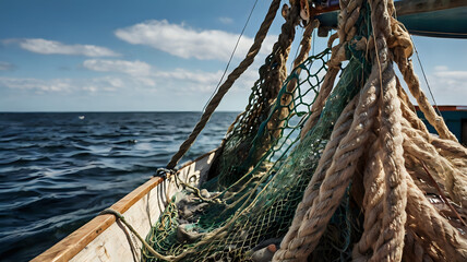 Obraz premium Fishing boat close-up — nets, ropes, and fresh catch on deck