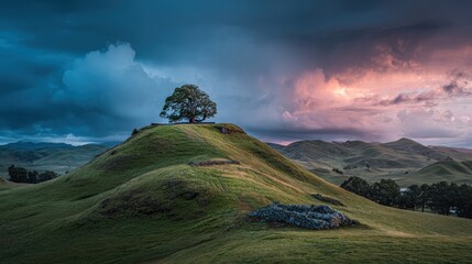Solitary tree on a grassy hill under a dramatic stormy sky with pink and blue clouds
