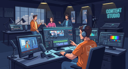 Professional video production team working in modern studio for online content creation