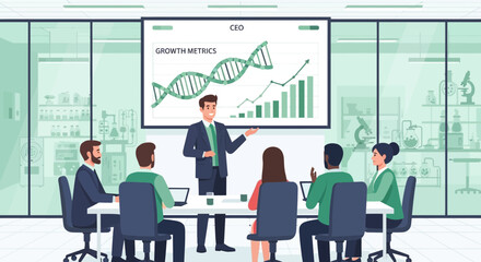 CEO presenting growth metrics to a diverse team in a modern laboratory setting conference scene