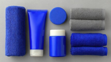 Blue Personal Care Items and Towels Arranged on Gray Background
